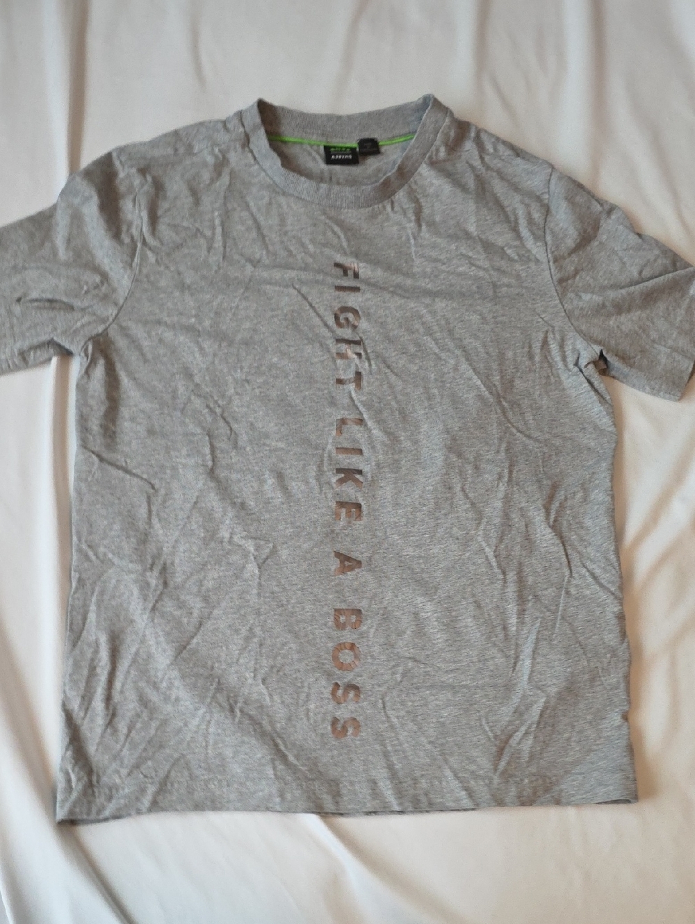 Boss Grey Short-Sleeve Tee with Vertical 'FIGHT LIKE A BOSS' Graphic Small